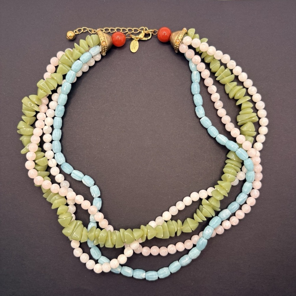 Vintage Joan Rivers Acrylic Multi Strand Necklace Blue White Green Beaded‎ 17.5"